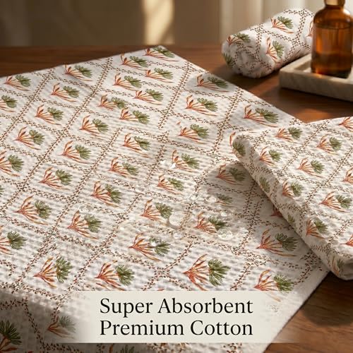 Image of Mafatlal Madhuban Lightweight Waffle Cotton Set (1 Bath 147x76 cm + 2 Hand 76x38 cm) | 250 GSM | Soft, Hand Printed Floral | Foliage Color