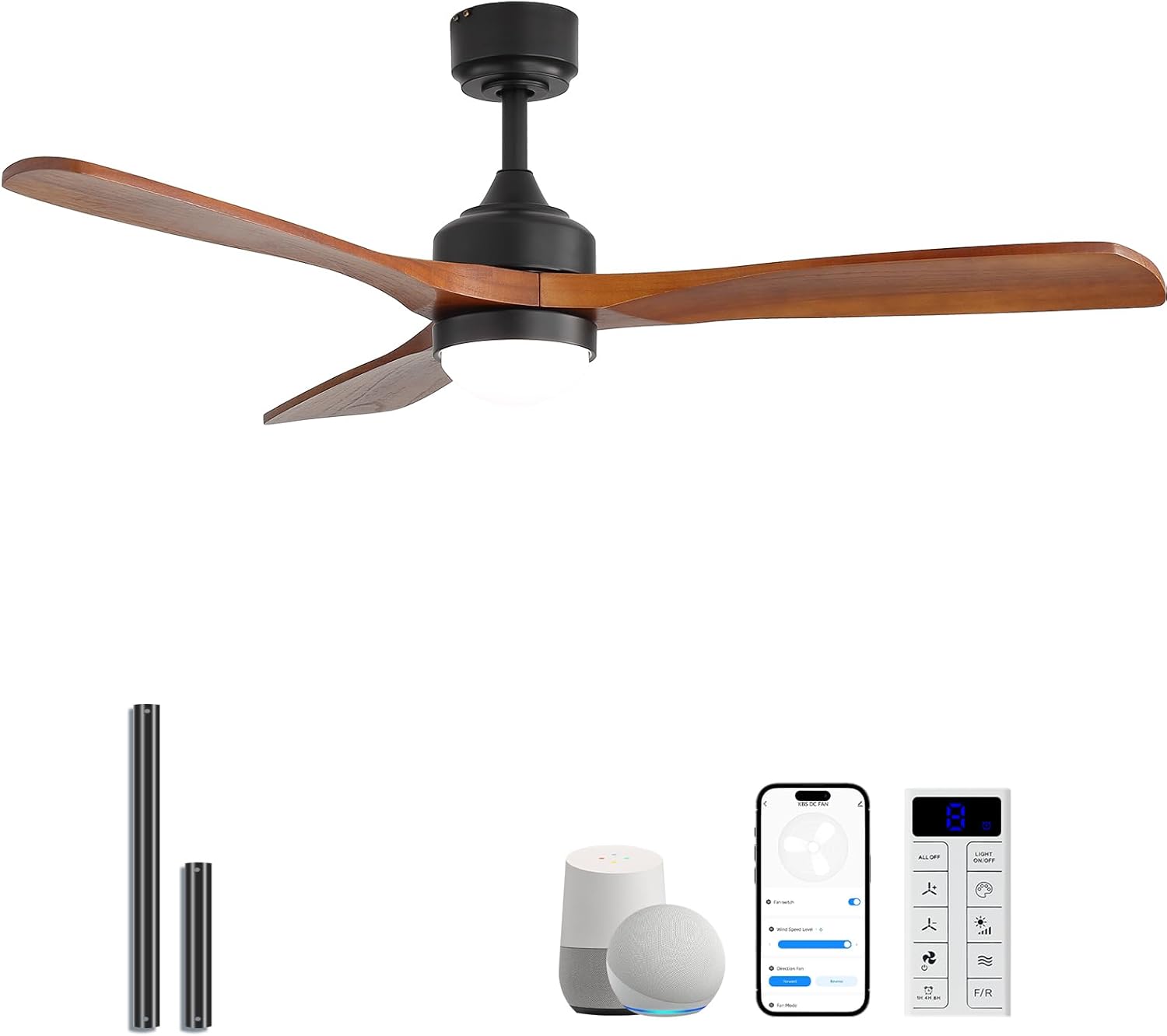 Sofucor 52 Inch Smart Wood Ceiling Fan with Light Flush Mount Downrod Alexa Google App Remote