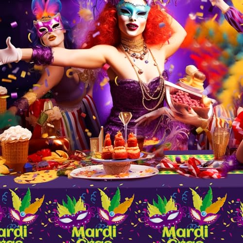 Image of Childom Mardi Gras Decorations,3 Pack Disposable Plastic Tablecloths for Rectangle Table 54 inch x 108 inch Mardi Gras Tablecloths for Party Decor,Table Cloths for Birthday,Home,Dinner,Carnival,Party Supplies