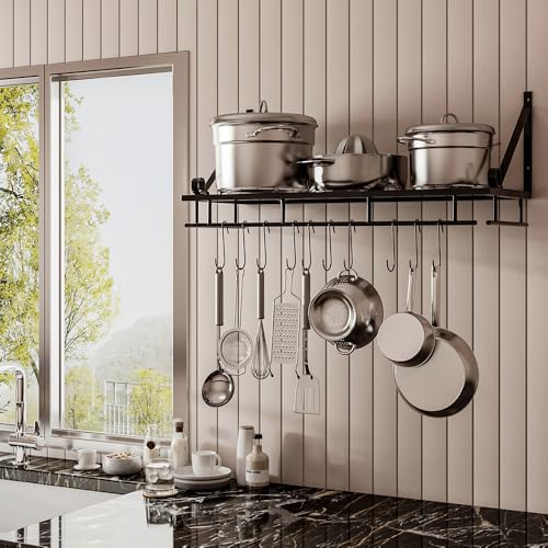 Warmiehomy Metal Pot Pan Rack, Wall Mounted Kitchen Shelf with Hooks, Hanging Utensils Holder, Black Shelving Organizer for Kitchen Bathroom Balcony Storage (60x24x25cm)