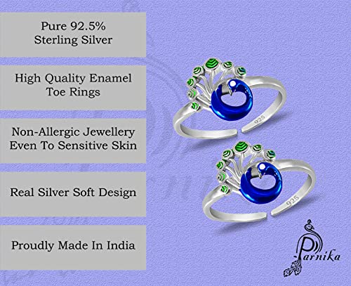 Image of Parnika MJ Exuberant Colourful Peacock Design Toe Rings in Pure 92.5 Sterling Silver for Women | Chandi bichiya | With Certificate of Authenticity |