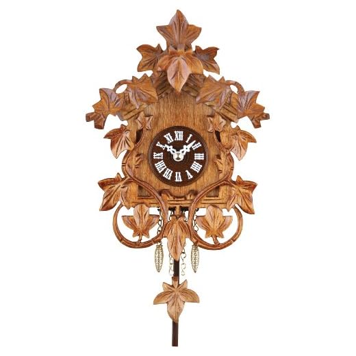 River City Clocks 7" Quartz Novelty Hand-Carved Vines and Leaves, Cuckoo Chime Wall Clock, Brown