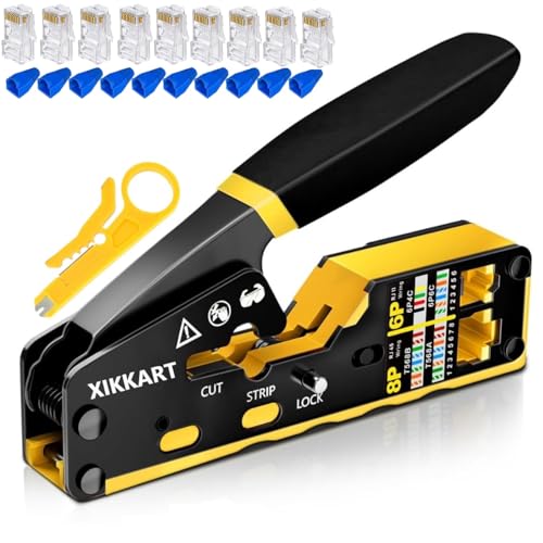 Image of XIKKART RJ45 Crimping Tool Kit | Pass Through Ethernet Crimper for Cat7, Cat6, Cat5 | Network Cable Crimping Tool with 5Pcs Cat6 Connectors + 5Pcs Boots | RJ45 RJ11 RJ12 Tool (Multicolor)