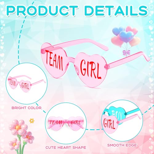 12 Pcs Gender Reveal Glasses Heart Shaped Sunglasses Frameless Team Girl/Boy Decor for Baby Shower Party3