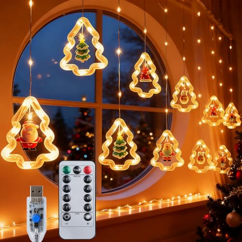 Qoosea Weihnachtsvorhang Lichterkette mit Fernbedienung, 100 LED...