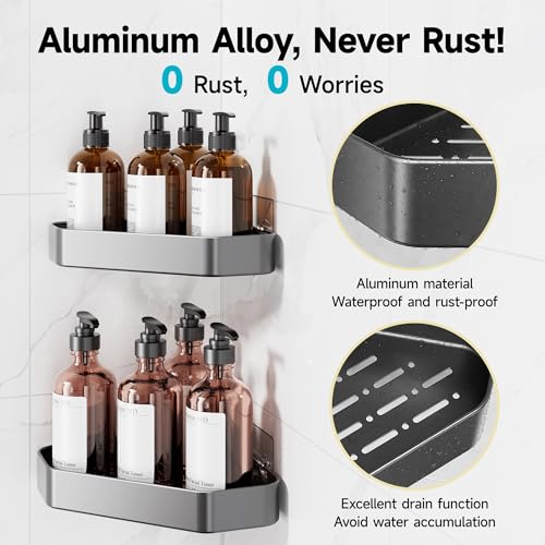 Image of Veken Aluminum Corner Shower Caddy 4-Pack, Never Rust&Large Capacity, Grey | No Drilling Shelves, Rack with Soap Holder&Towel Bar, Super-Strong Adhesive for High Load, Bathroom Organizers and Storage