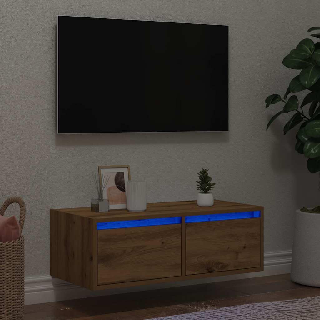 Meuble TV chêne artisanal 75cm avec LED et tiroir de rangement pour salon