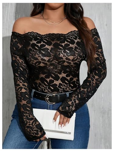 MakeMeChic Women's Plus Size Off The Shoulder Long Sleeve Top Floral Lace Sheer Slim Fitted T Shirt3