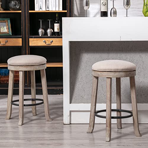 Lukealon Farmhouse Linen Fabric Round Bar Stools Set Of 2, 360° Swivel 25.6” Counter Height Stools With Solid Wood Legs Backless Low Barstools With Footrest For Home Bar Kitchen Island, Beige #TOP1