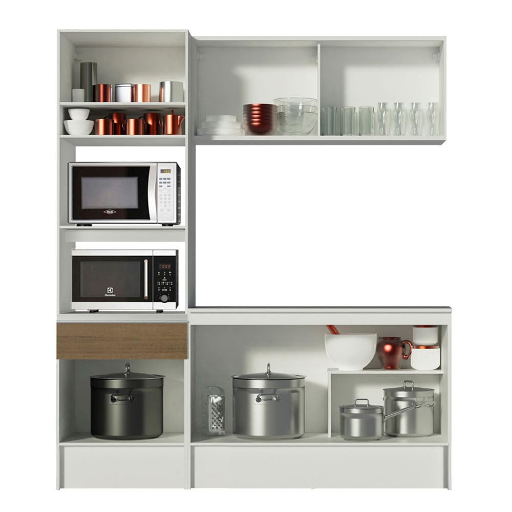 Interior view of the Madesa Topazio 86 Compact Kitchen, showing organized storage with various kitchen items like pots, pans, and small appliances on shelves and in cabinets.