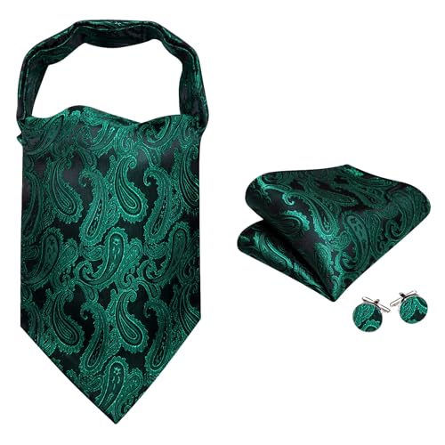 Image of Barry.Wang Ascot Ties Cravat Tie Men Paisley Plaid Scarf Self Tie Pocket Square Cufflinks Set Wedding Party