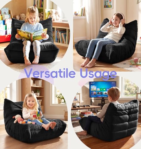 Image of Hobestluk Small Bean Bag Chair Faux Fur Fabric BeanBag Couch for Playroom | Black Plush,Ergonomic Design,Memory Foam,Strong Supportive,No Assembly Required,Decorative Style for Living Room Bedroom