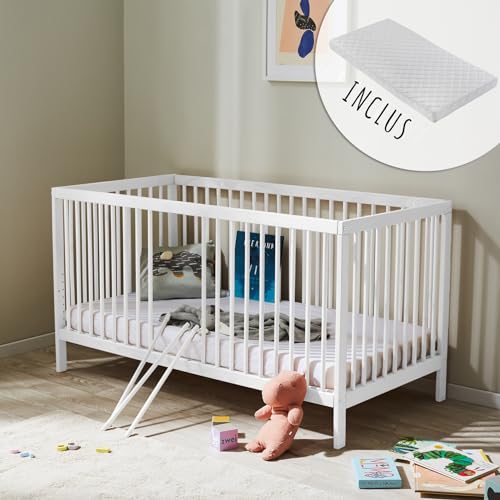 Kids Collective Lit bébé évolutif 60x120 & 70x140 cm + Matelas - Sommier 9 hauteurs, barreaux...