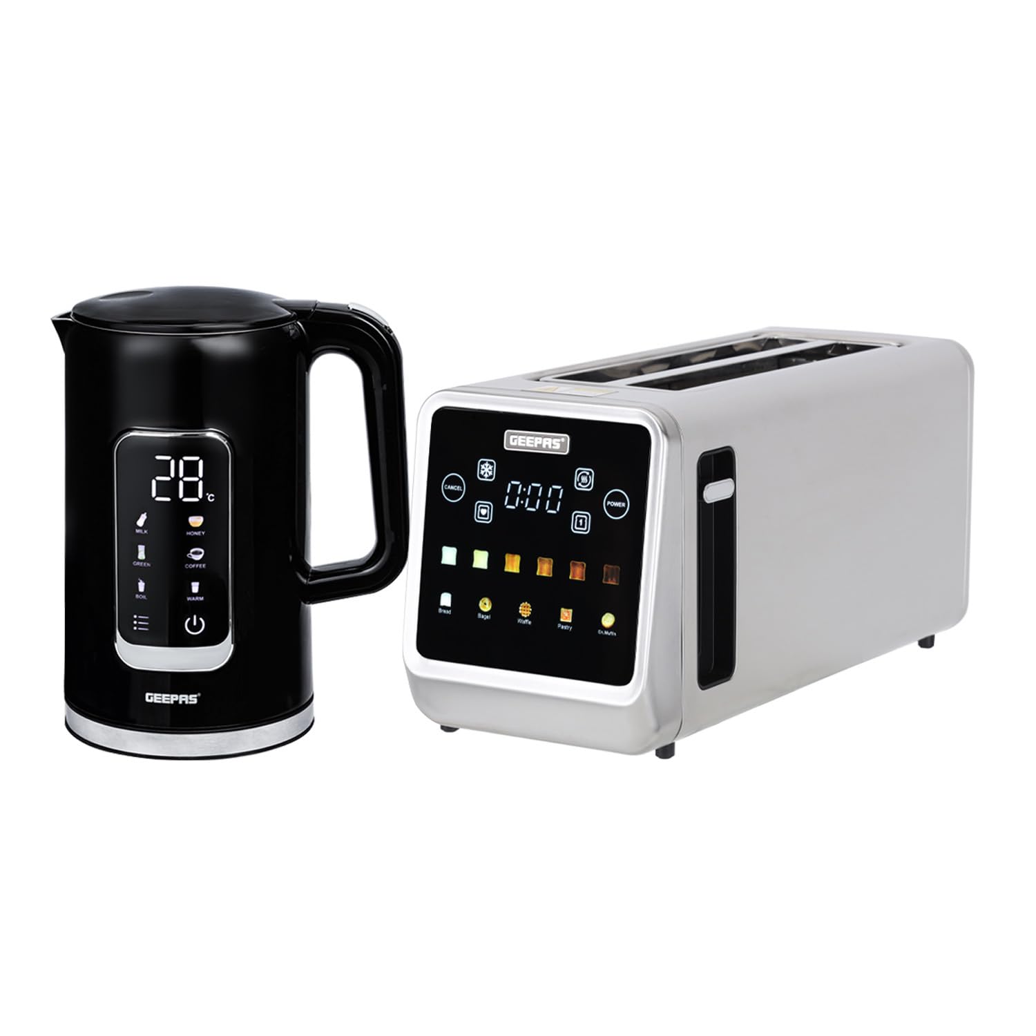 GEEPAS 5-in-1 Digital 4 Slice Long Toaster & Electric Kettle Set | 5 Temperature Settings Keep Warm Function 2200W 1.7L Cordless Jug Kettle | 6 Browning Levels, Cancel Defrost & Reheat Function 1450W