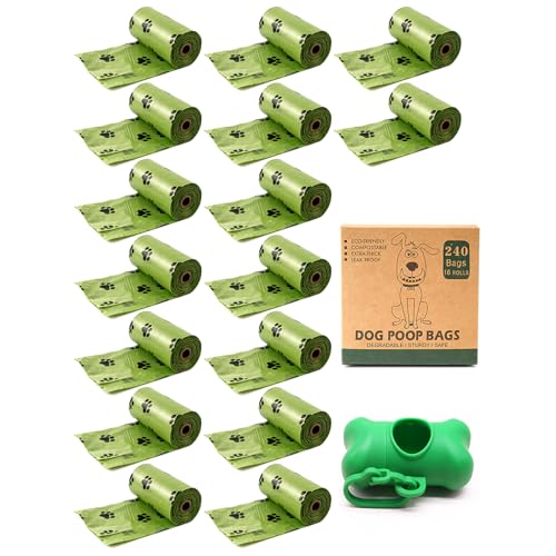 240 Count Cat Litter Box Liners Dog Poop Waste Bags with 1 Cute Poop Bag Dispenser for Pets, Leak Proof and Thick Waste Bag Refill Rolls Bag for Dogs Cats Poop Litter, Unscented Compostable Bags