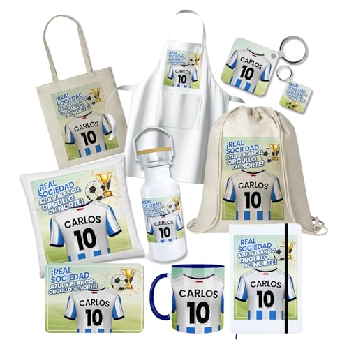 Kembilove® Pack Regalo Personalizado Real Sociedad Fútbol | Regalo Único Fan Real Sociedad Nombre Número | Souvenir Oficial Equipo Real Sociedad Regalo Fútbol para Aficionados Leales del Club