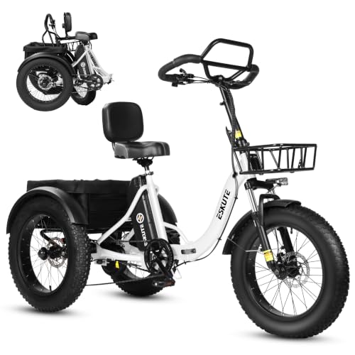 ESKUTE Triciclo eléctrico para adultos T302 Pro, Fat Bike eléctrica 20 × 4.0 plegable con batería extraíble 48 V 20,8 Ah, eBike de tres ruedas con motor de 50 Nm, cambio de 7 velocidades, autonomía