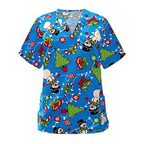 ADYPKIN Ladies Christmas Scrub-Tops V Neck Short Sleeve Print Nurse Nursing Uniform Holiday Blouse Tshirt Plus Size with Pocket(C#3,3XL) Cover