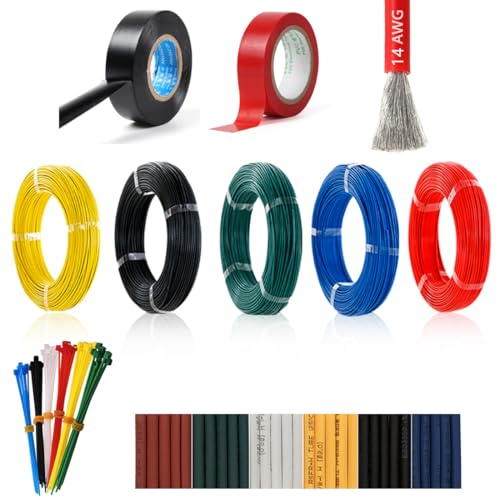 Alambre 14AWG Cable de alimentación Alambre de silicona ultra flexible 5 colores x 13 pies de cable Alambre de cobre trenzado Resistente al calor y al frío Cinta eléctrica y accesorios de utillaje