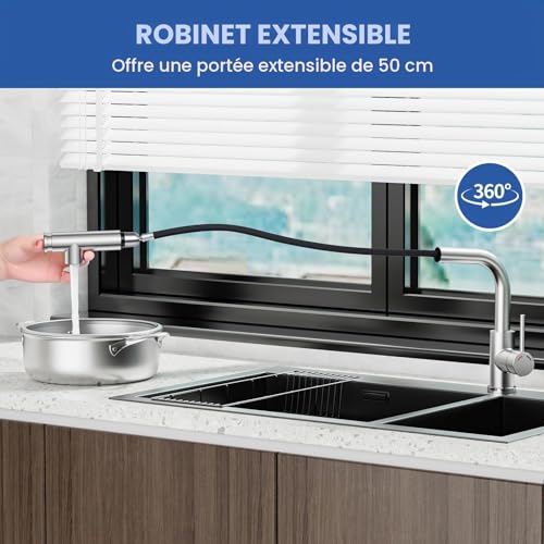 Mitigeur robinet cuisine avec douchette pivotant 360 inox - 4