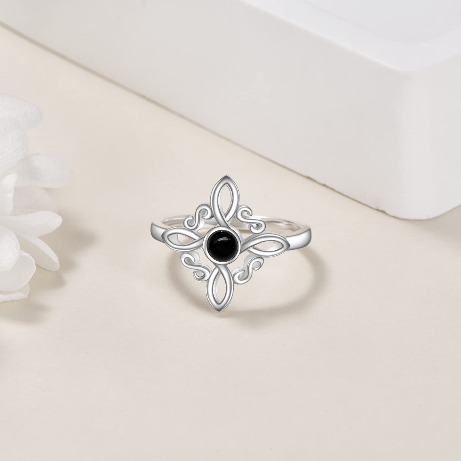 Bagues en argent sterling avec nœud de sorcière en forme de nœud de sorcière, onyx noir, bijoux païens, croix celtique, bijoux pour femmes et filles
