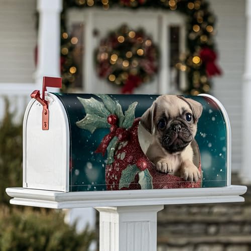 Coperture magnetiche per cassette postali a forma di carlino, decorazione natalizia con agrifoglio rosso, decorazione per esterni, giardino, cortile, 45 x 53 cm