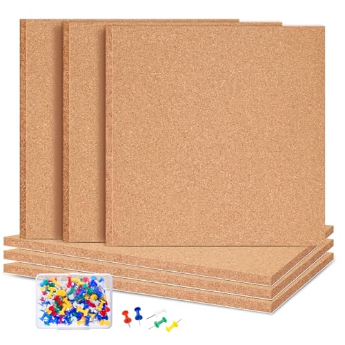 ANPUNAT Lot de 6 tableaux muraux carrés autocollants en liège avec 100 punaises pour tableaux d'affichage, décoration de maison, école, bureau (30,5 x 30,5 x 0,6 cm)