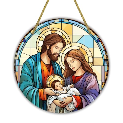 Image of Printality Stained Glass Style Christian Wall Hanging | Round MDF Plaque with Glossy Finish & Golden Zardosi String | Religious Wall Art | Jesus, Mary & Angels Design | Faith Home Decor (Design 6)