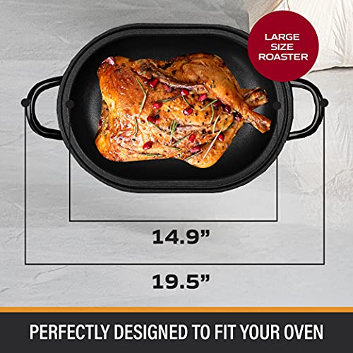 Granite Stone Oval Roaster Pan, Large 19.5” Ultra Nonstick Roasting Pan with Lid, Grooved Bottom for Basting, Broiler Pan for Oven, Dishwasher Safe, Up to 25lb Turkey / Roast, Serves 12 – 25