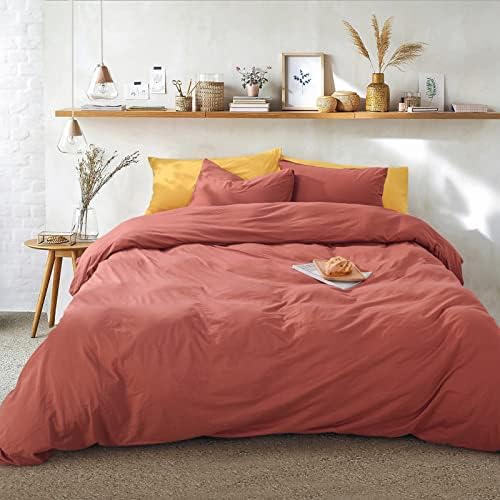 NEXHOME PRO Organic Jersey Knit Cotton Duvet Cover Set - Queen Rust Red 3pcs Bedding Sets Soft Breathable T Shirt Brick Red Cotton Comforter Cover with Zipper Closure(No Comforter Included)