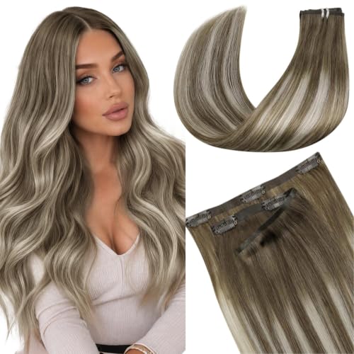 Image of LaaVoo Seamless Clip in Hair Extensions Real Human Hair Ombre PU Weft Human Hair Clip in Extensions Balayage Chestnut Brown Mix Platinum Blonde Seamless Hair Extensions Clip ins 18 Inch 7pcs 110g