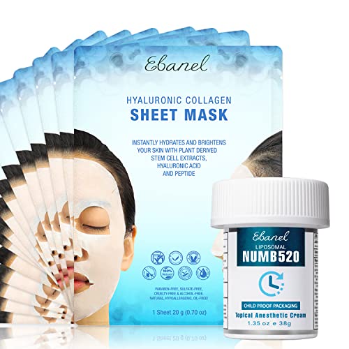 Ebanel Bundle of Lidocaine Numbing Cream, and 15-Pack Collagen Face Mask