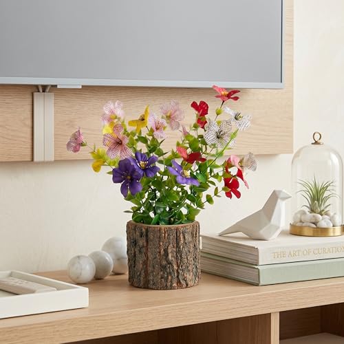 Image of Dekorly Artificial Multi Colour Fern Daisy Flower with Real Wooden Vase (28CM Overall Height) | Decorative Lifelike Faux Floral Plant in Rustic Tree Log Pot for Living Room(Daisy Fern)