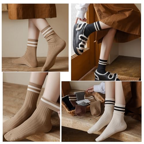 Image of Deeorla Womens Striped Crew Socks Brown Vintage Retro Athletic Socks 5 Pairs