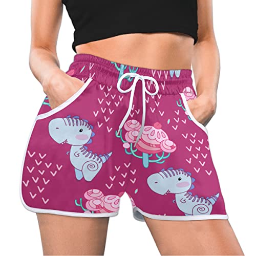 Cute Dinosaur Pattern Women's Elastic Drawstring Running Shorts with Pocketed Pants Waisted Athletic Gym Workout Shorts.