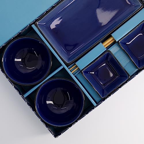 TOKYO design studio, Grau, Set mit 2 Teller + 2 Sauce Schalen + 2 Reis Schalen+ 2 Essstäbchen, 8-TLG, Steingut Besuche Store (Dunkelblau)