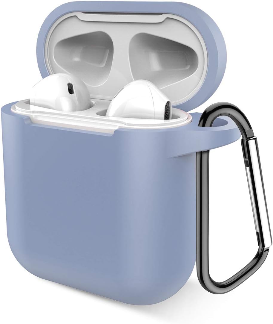Airpods Case, Music tracker Protective Thicken Airpods Cover Soft Silicone Chargeable Headphone Case with Anti-Lost Carabiner for Apple Airpods 1&2 Charging Case (Greyish Blue)