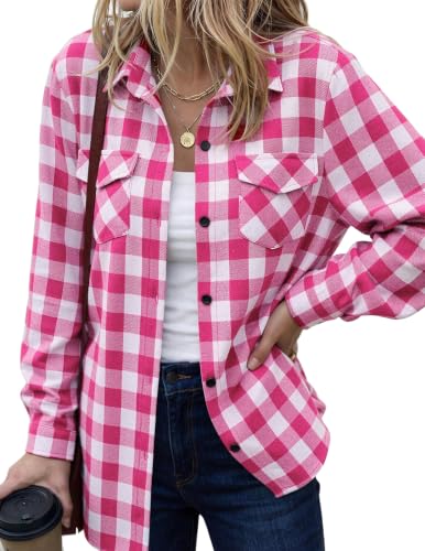 Zeagoo Womens Pink Plaid Shirt Roll up Sleeve Casual Boyfriend Button Down Flannel Shirts Rose Large