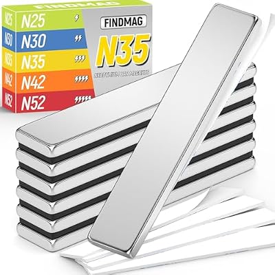 FINDMAG Rare Earth Bar Magnets, Neodymium Magnets with Double-Sided Adhesive, Rectangular Bar Magnet for Cabinet Doors, Curtains, Office, Craft, Office, Science, 60x10x3mm, 6 Pack - 12lbs