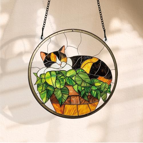 PLIGREAT Painted Cute Cat Sleeping on Potted Plants Stained Suncatcher Window Wall Art Hanging Ornament Acrylic Light Catcher Art Crafts for for Garden Home Indoor Outdoor Hanging Decor - Image 3