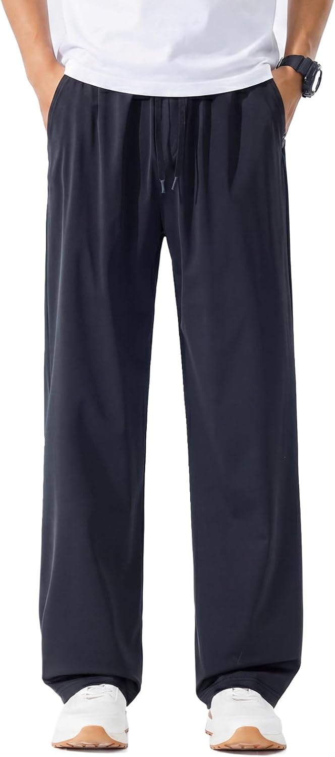 Mens Summer Casual Pants Cooling Touch Mens Lounge Pants Lightweight Breathable Wide Leg Sweatpants with Zip Pocket