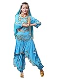  Hibasing 4 pièces Danse Orientale Indienne Vêtements de Princesse Arabe Outfit Femmes Hauts et Pantalons Brillants Bollywood Cosplay Set Danse Orientale Vêtements de Danse