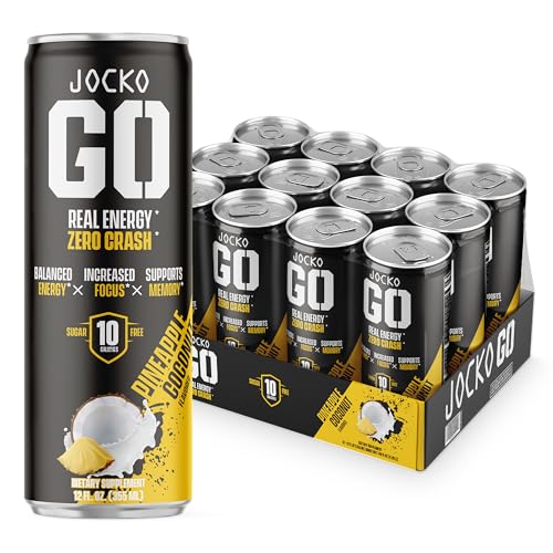 Image of Jocko GO Coconut /Pineapple Energy Drink - Keto, Vitamin B12, Vitamin B6, Electrolytes, L Theanine, Magnesium- Energy Boost, Sugar Free Nootropic Monk Fruit Blend - 12 Pack - Packaging May Vary