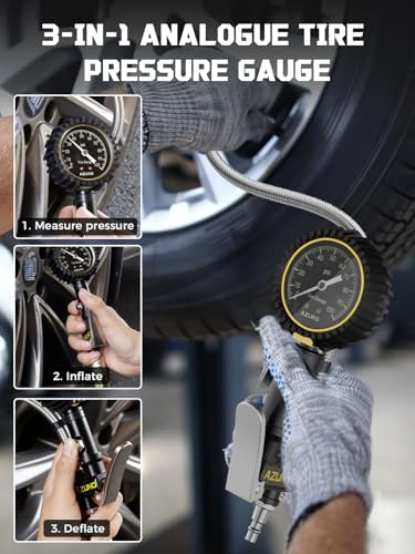 Image of Analog Tire Inflator Gauge with Steel Braided Hose, 100 PSI Mechanical Tire Pressure Gauge - 3-in-1 Inflate /Deflate /Measure, 2.6 inch Glow Dial, Air Chuck for Car, Truck, SUV, RV, Bike (with Case)