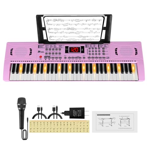 24HOCL Kids Piano Keyboard, 61 Lighted Keys Electric Digital Keyboard Piano Kit 100 Voices, 100 Rhythms with Microphone, Gift for Children, Pink