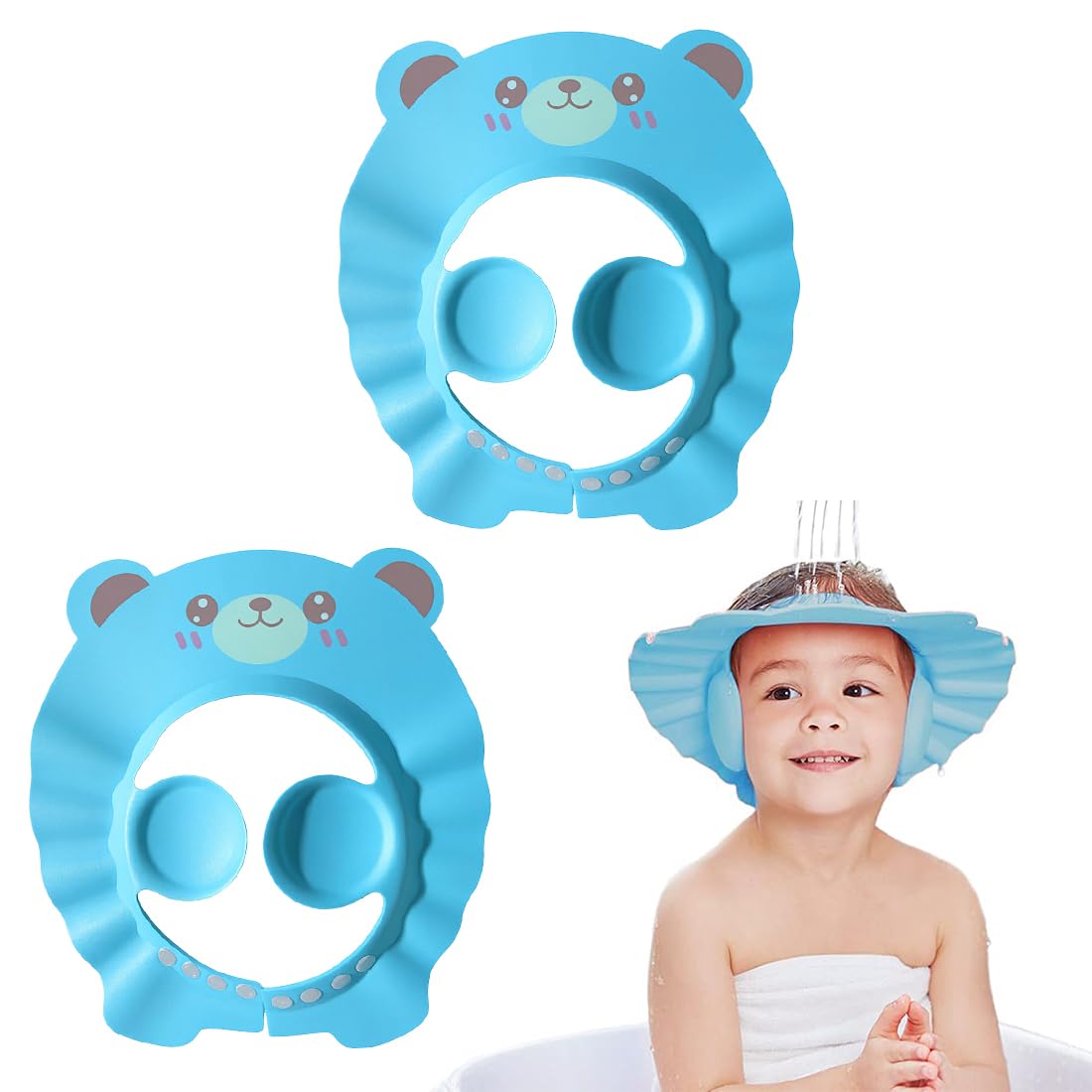 2 cuffie da doccia per bambini con protezione per le orecchie, ausili per lo shampoo, cuffie per il lavaggio dei capelli dei neonati (disegno con orso blu).