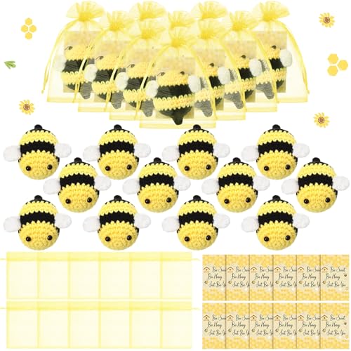 Image of HyDren 24 Sets Emotional Crochet Animal Encouraging Handmade Crochet Gifts Collectible with Positive Card Organza Bag for Valentine Employee Coworker Volunteer (Bee)