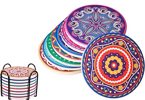 EDATOFLY 8Pcs keramische onderzetter, absorberende keramische onderzetter met houder, keramische placemats ronde onderzetters met kurkvoet voor kop koffie glazen beker bier