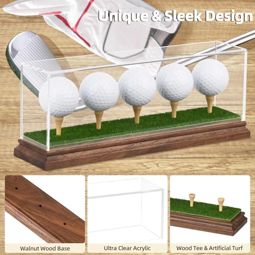 Image of Golf Ball Display Case for 5 Golf Balls Holder Display Walnut Wood Base Acrylic Hole in One Golf Ball Case Display Uv Protection Golfball Stand Rack,Golf Office Decor Gifts for Men