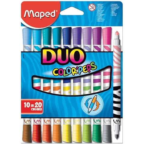 Maped - Rotuladores de Colores para Niños - Color's Peps Duo Colors - 10 Rotuladores con Doble Punta Media - Tinta Ultra Lavable Cover